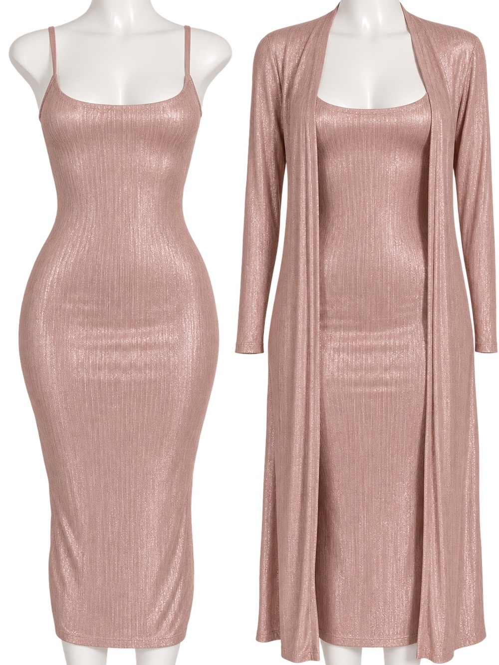 Fashion Nova Rose Gold Shimmer Bodycon Midi with Matching Duster